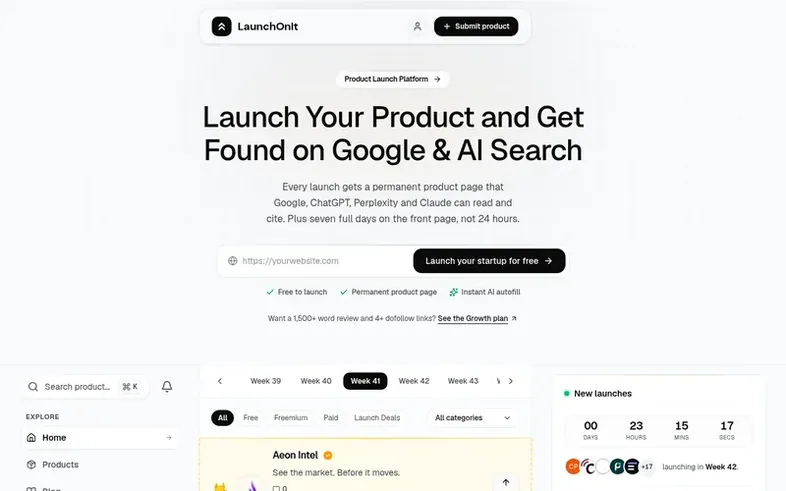 Screenshot of the LaunchOnIt homepage