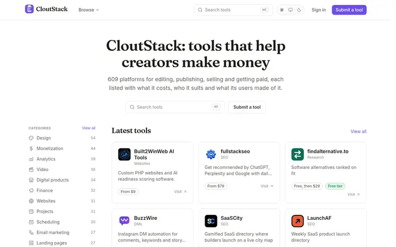Screenshot of the CloutStack homepage