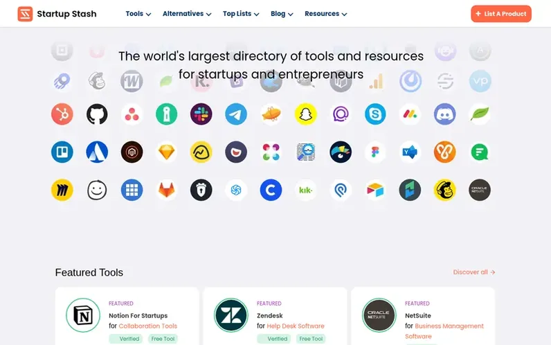 Screenshot of the Startup Stash homepage