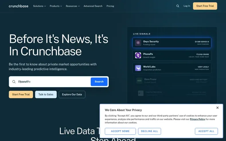 Screenshot of the Crunchbase homepage