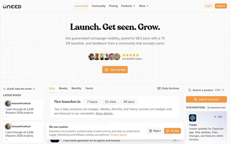 Screenshot of the Uneed™ homepage