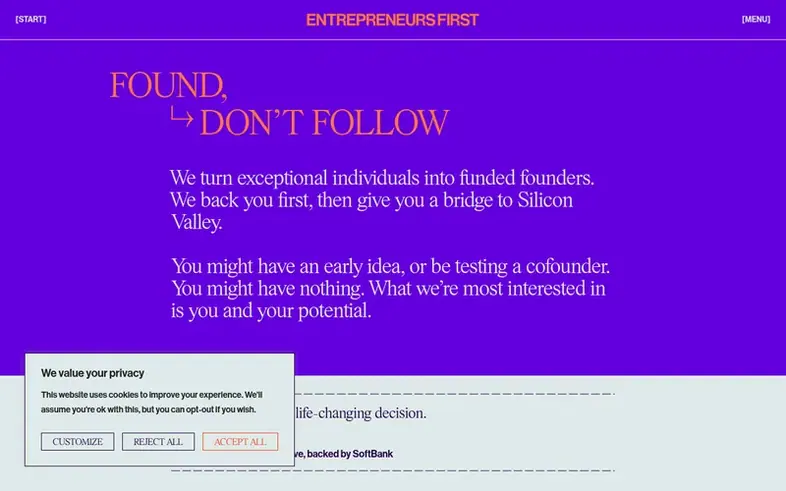 Screenshot of the Entrepreneurs First homepage