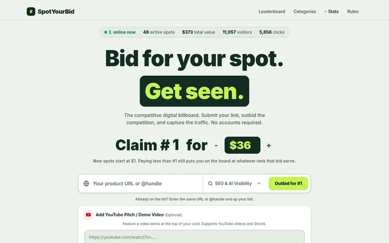 Screenshot of the SpotYourBid homepage