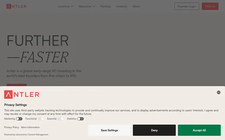 Screenshot of the Antler homepage