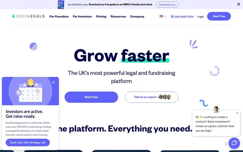 Screenshot of the SeedLegals homepage