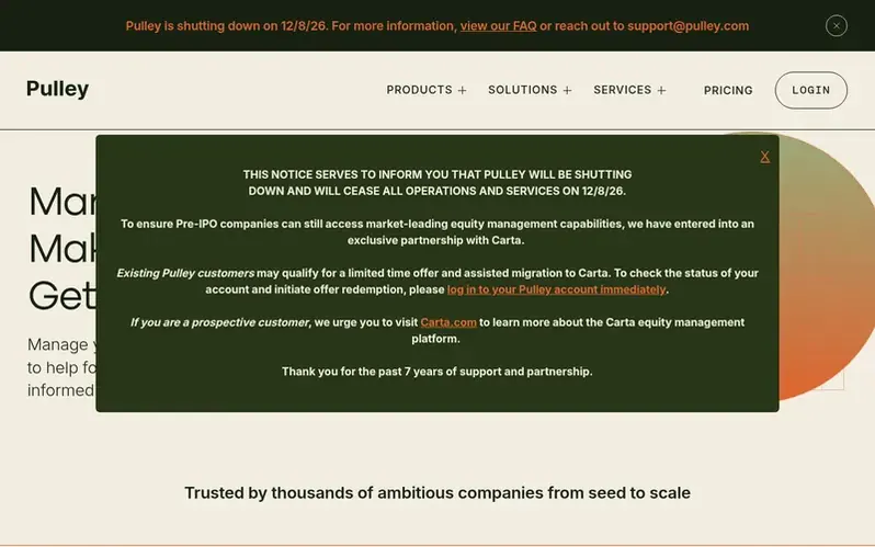 Screenshot of the Pulley homepage