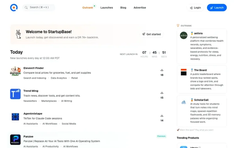 Screenshot of the StartupBase homepage