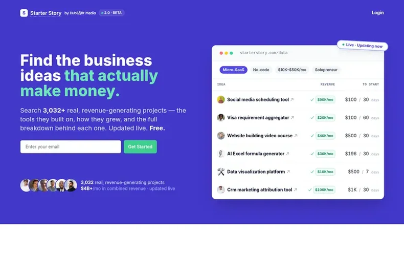 Screenshot of the Starter Story homepage
