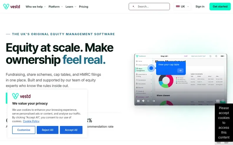Screenshot of the Vestd homepage