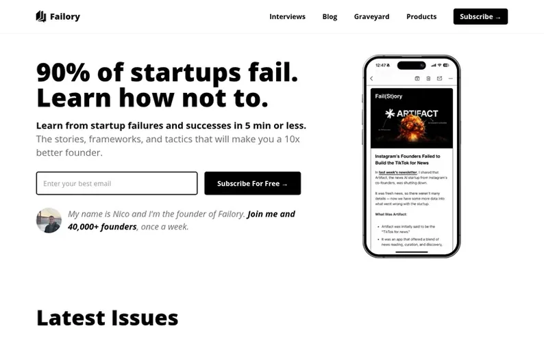 Screenshot of the Failory homepage
