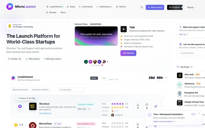 Screenshot of the Microlaunch homepage