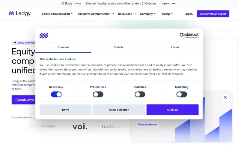 Screenshot of the Ledgy homepage