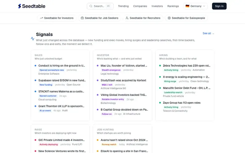 Screenshot of the Seedtable homepage