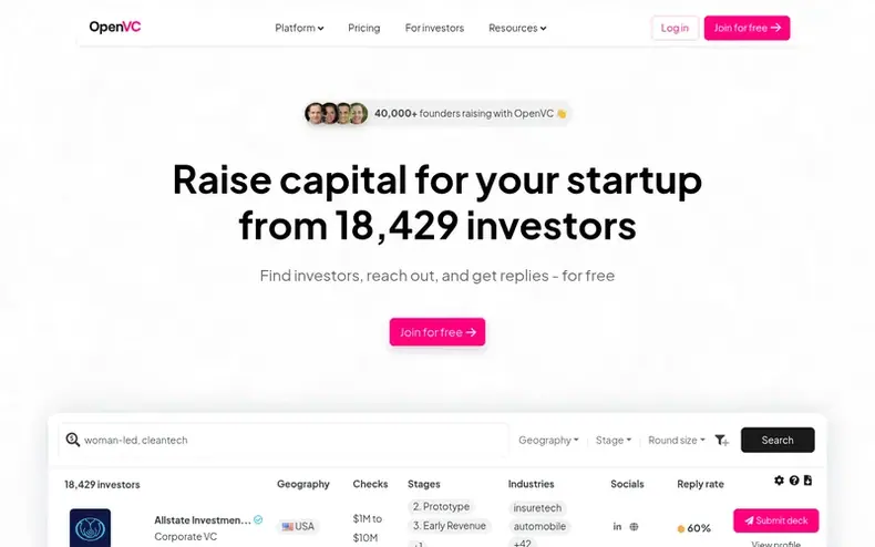 Screenshot of the OpenVC homepage